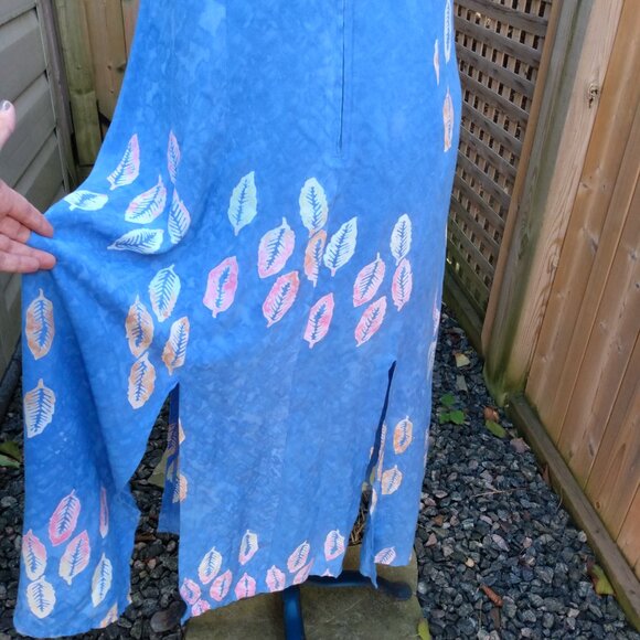 Vintage Hawaiian Dress Sz Medium Blue Tropical Leaf Batik Maxi Long Boho Hippy - Picture 8 of 13